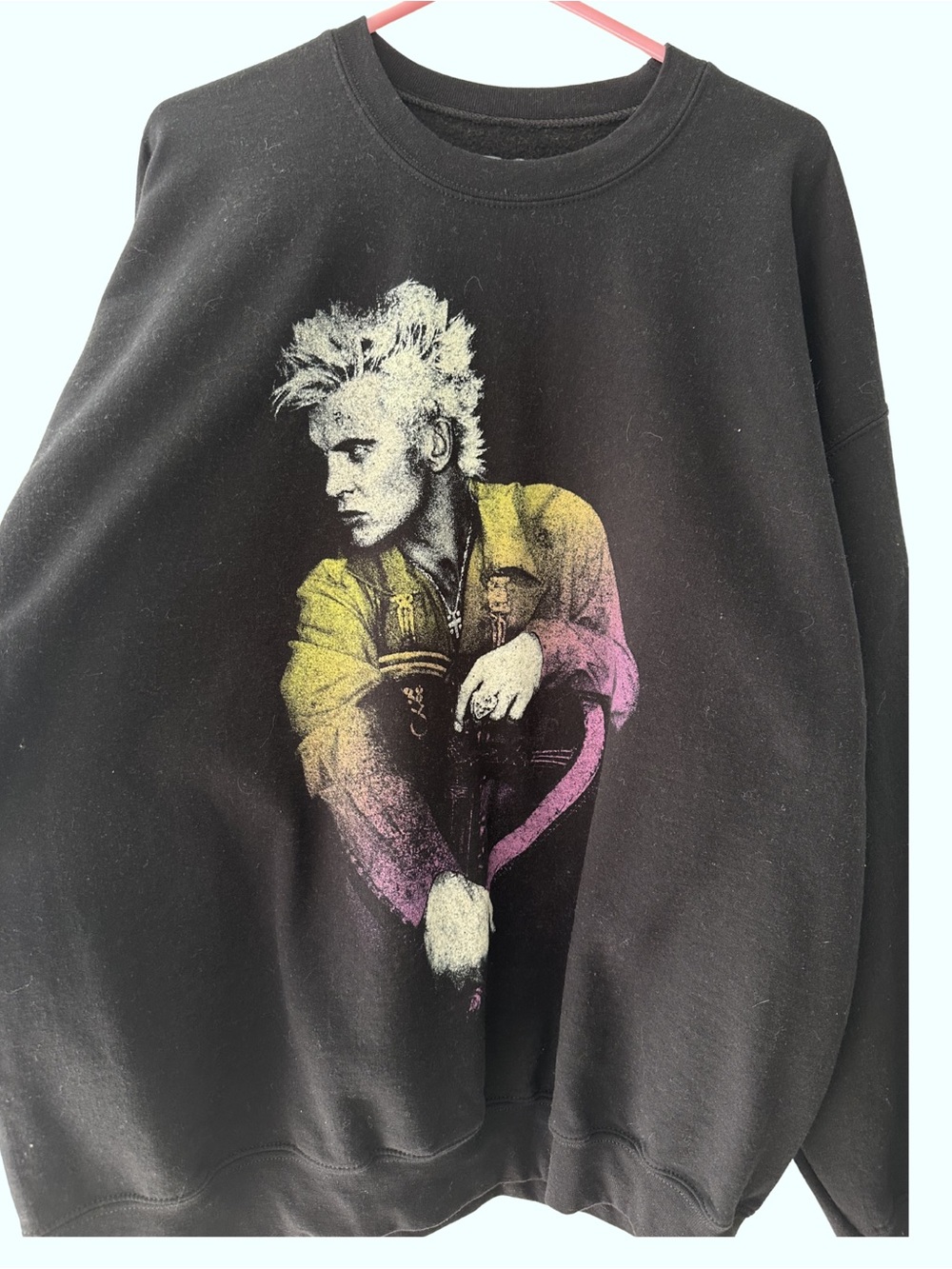 Black Graphic Crewneck Sweater with Yellow & Pink Portrait